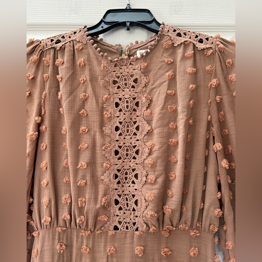 Just Me Boho Swiss Dot Crochet Lace Ruffled Hem Party Mini Dress Cognac Size M - Picture 7 of 15